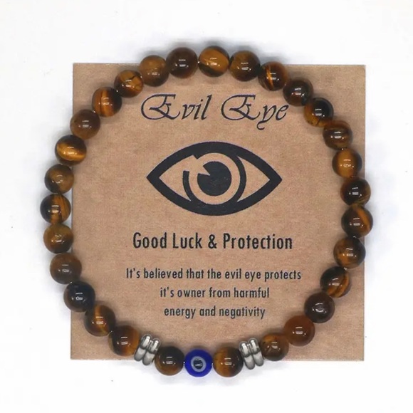 🤎 🧿 Brown Tiger Eye Beaded Bracelet Men Women Turkish Amulet Protection - Picture 1 of 1
